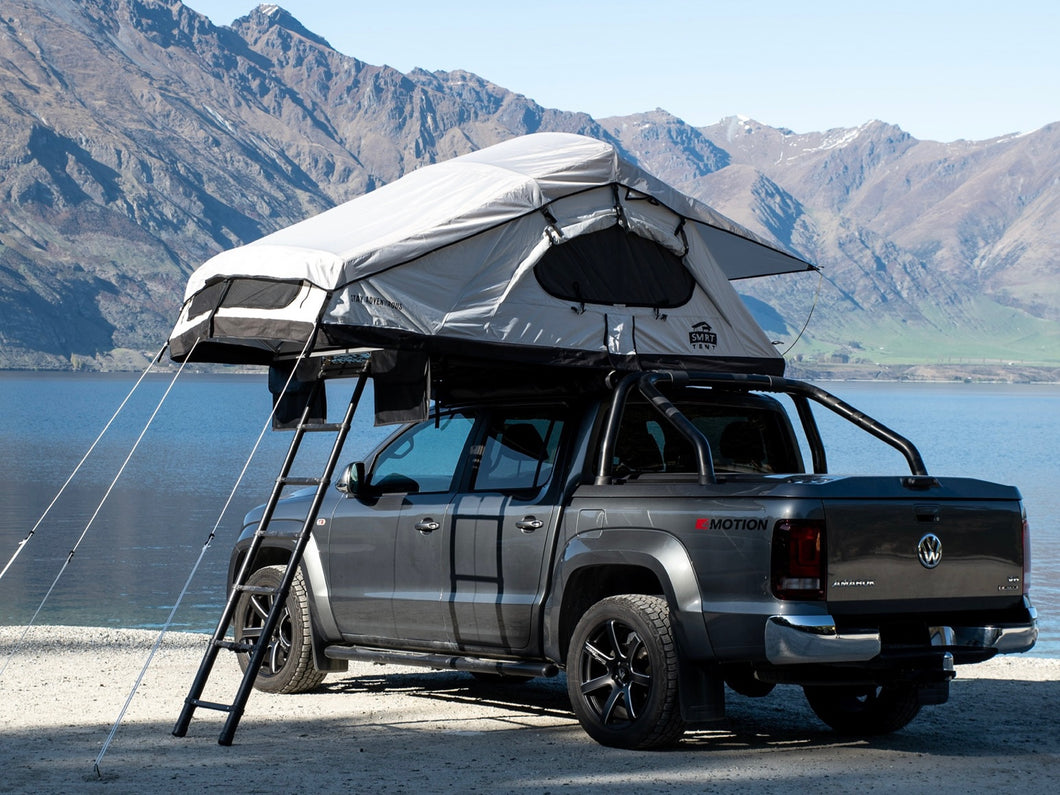 SMRT softshell rooftop tent, open,  on 4wd 