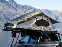 Load image into Gallery viewer, SMRT softshell rooftop tent, open green rain fly 
